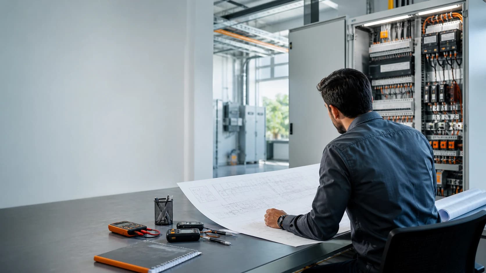 Profesional revisando un proyecto eléctrico